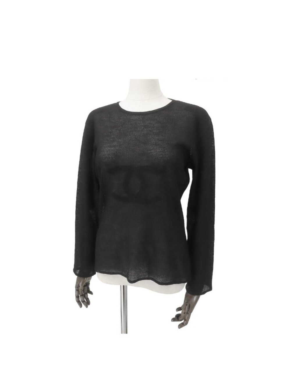 Chanel Top Black Wool Nylon CC Logo Sheer Crew Neck 02A Top 38